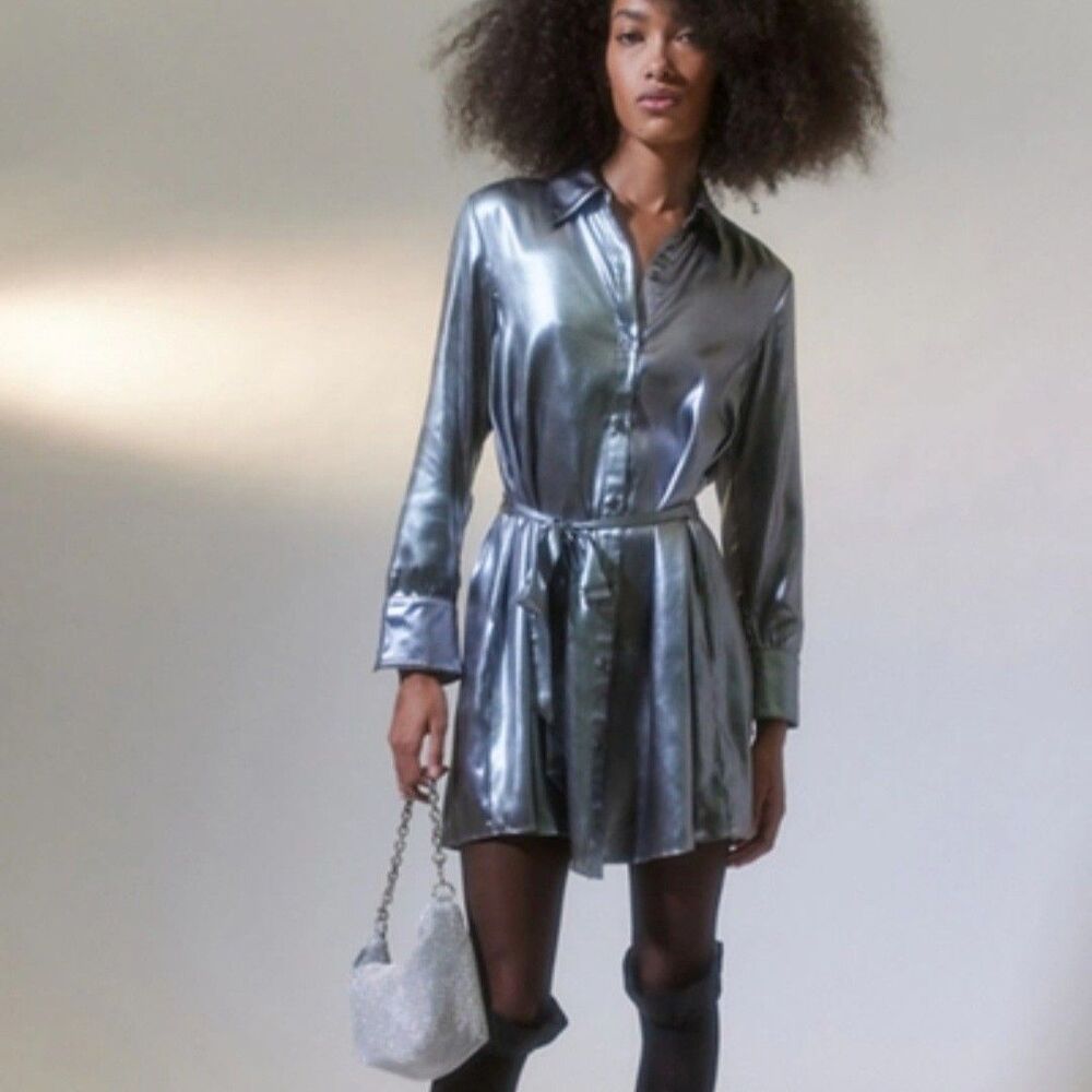 Urban Outfitters Midnight Strikes Metallic Glam Rave Oversized Mini Shirt Dress